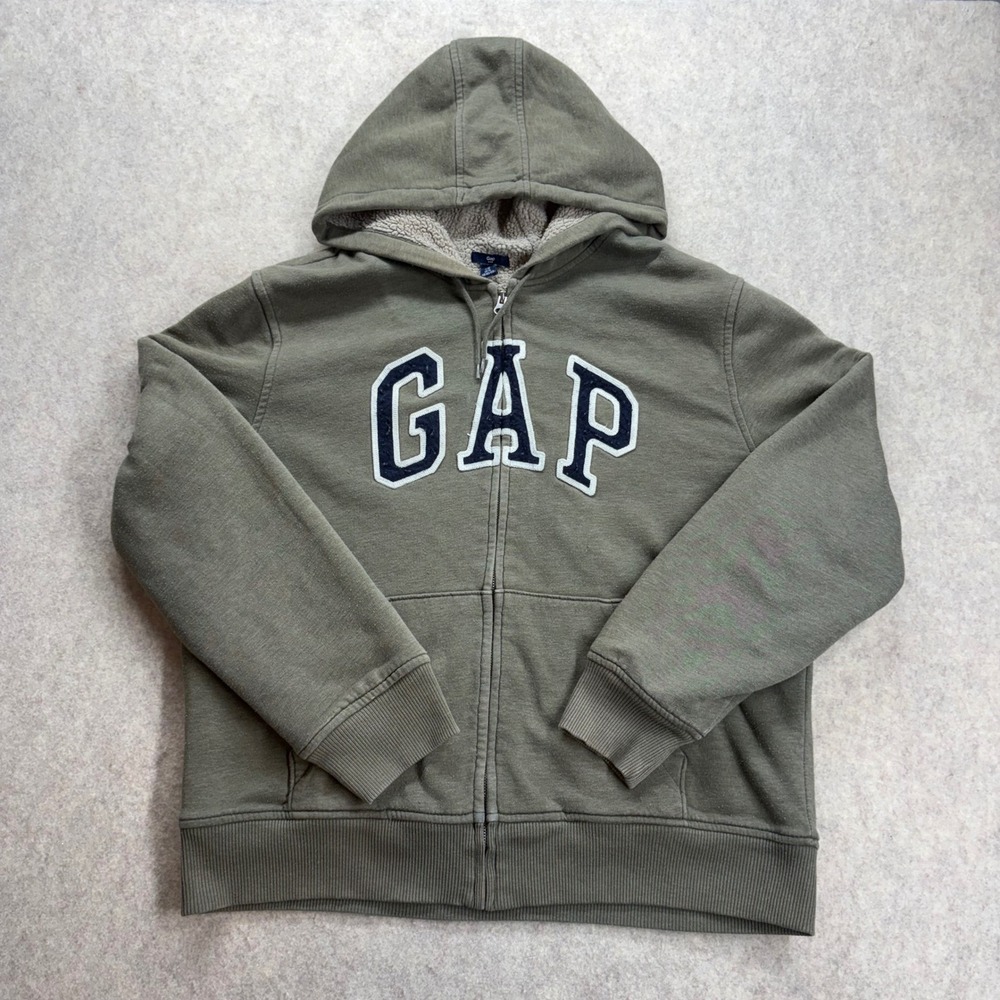 Y2K Gap Men's XL Big Logo Sherpa Lined Full Zip Hoodie Olive Green Fleece Jacket